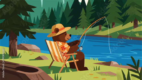 Illustration Of A Grizzly Bear Wearing A Hawaiian Shirt And Straw Hat, Relaxing On A Folding Chair On The Edge Of A Pine Forest River, Fishing Vector Design Template