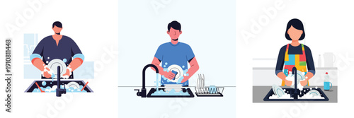 Vector illustration set of a person washing dishes, flat design, clean and simple, no outline, modern bright colors
