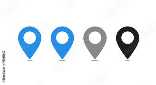 Pinpoint Precision: Four distinct location markers, rendered in a palette of blue, grey and black, offer a clean, minimalist design for mapping, navigation, and location based services.