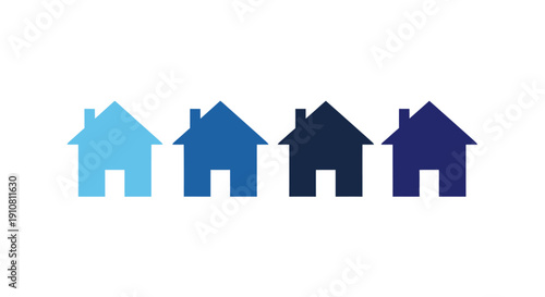 Color Gradient Home: A row of stylized houses in a spectrum of blue hues, representing home, real estate, and property. This graphic embodies the concepts of shelter, comfort, and the security.