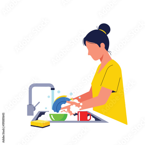 Vector art of an individual washing plates and utensils, minimalist flat design, simple layout, no strokes, bright contemporary palette