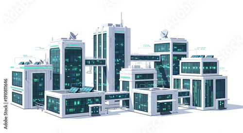 Futuristic city skyline with modern buildings featuring glowing green windows and data streams, representing advanced technology and urban development.