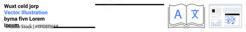 Language learning, education tools, translation, e-learning, digital study platforms, and communication. Icons of a book, text visuals and interface graphics. Language learning and education tools