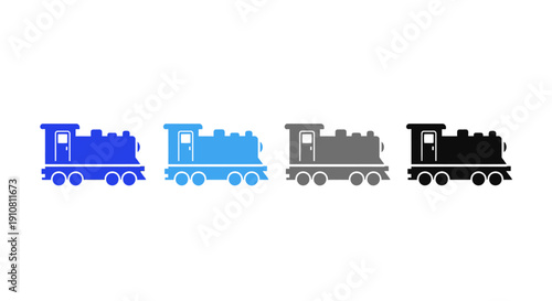 Train Icons: Four stylized train icons in various shades, ideal for representing travel, transport, or railway concepts.