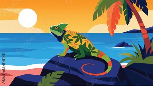 Illustration Of An Iguana Wearing A Leaf-Patterned Beach Shirt, Sunbathing On Rocks Near A Tropical Sea, Bright Sunshine Vector Design Template