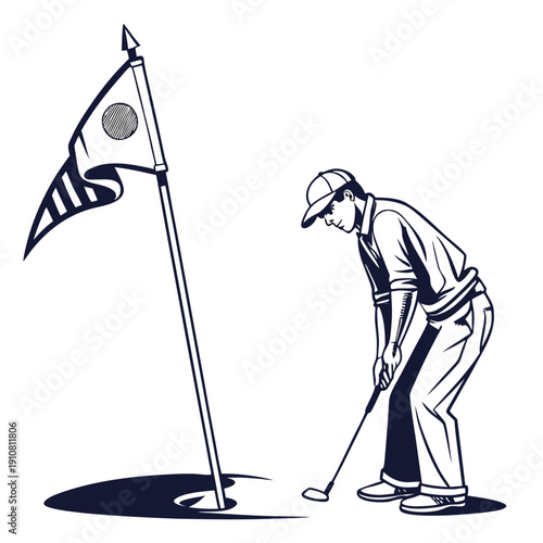 A golfer putting on a green with a flag on transparent background