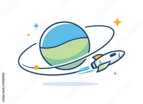 A whimsical illustration depicts a stylized rocket embarking on an interstellar journey around a vibrant, ringed planet, surrounded by celestial elements