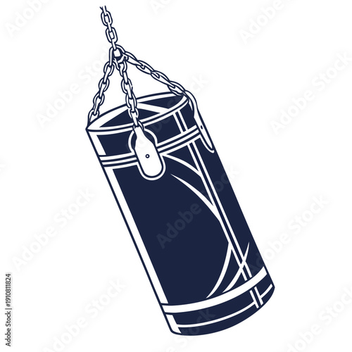 A navy blue punching bag hanging from chains on transparent background