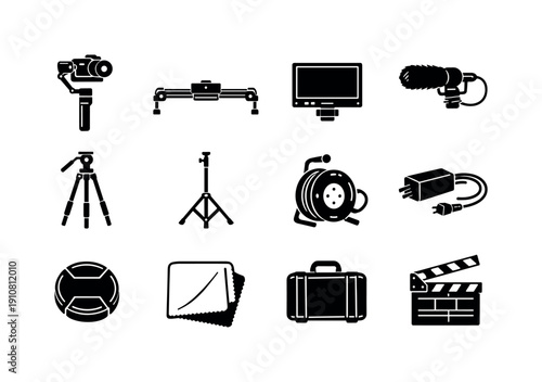 A set of black and white vector graphics representing essential tools for professional videography and movie making