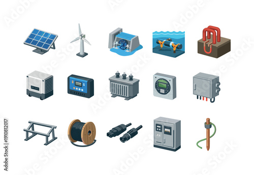 Various renewable energy sources and electrical equipment are depicted in a clean, isometric illustration style