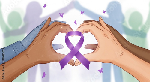 Diverse hands forming heart shape with purple awareness ribbon and butterflies symbolizing support and unity for a cause