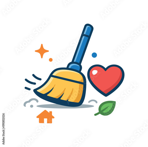 A stylized broom sweeps away dust, accompanied by symbols of love, nature, and home, suggesting a clean and healthy living space