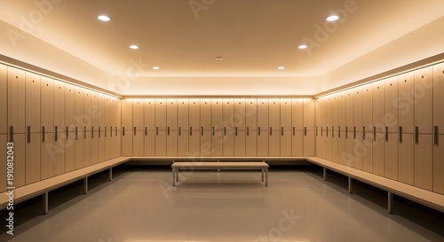 An empty, brightly lit modern locker room features numerous light wood lockers arranged along the walls and a central bench.