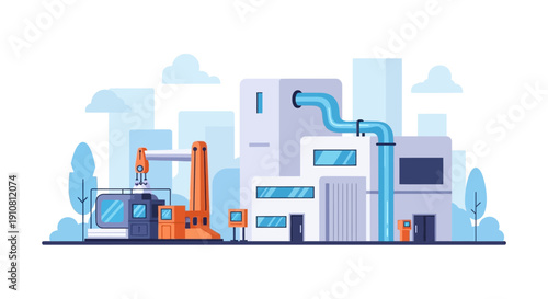 Modern industrial factory with robotic arm and large pipes against a city skyline.