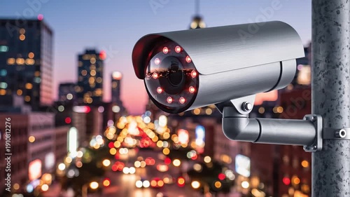 Modern security camera on city street pole at dusk with blurred background lights