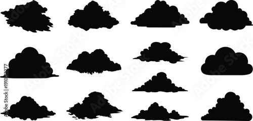 Black Bush and Shrub Silhouettes Collection Isolated on White Background, Various Garden Plant Shapes for Landscape and Nature Design Projects