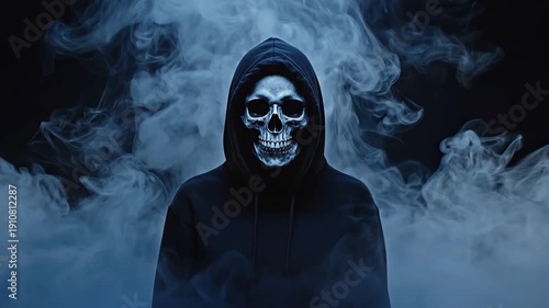 Mysterious hooded figure with skull face in smoke