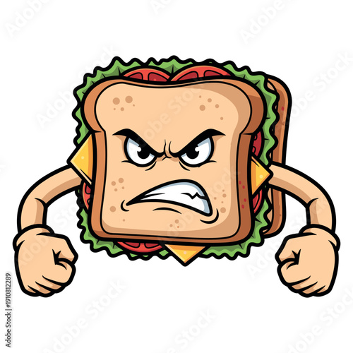 Angry sandwich character with fists up showing strong emotion and cartoon food art