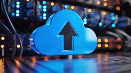 Modern cloud computing symbol with upload arrow in data center server room
