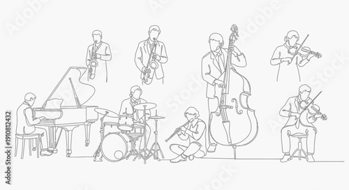 Musicians playing various instruments in a jazz ensemble.