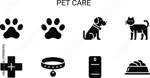 Pet care including dog cat paw print collar food bowl pet care, dog, cat, paw print, collar, food bowl, medical cross, pet food, pet collar, animal care, pet black and white, pet accessories, pet symb