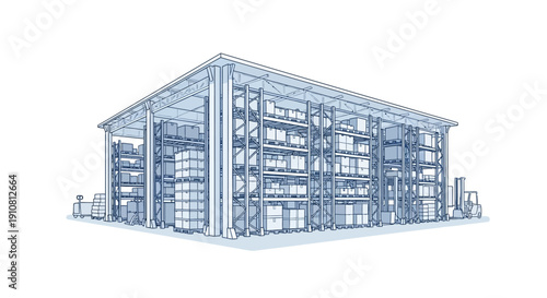 Architectural illustration of a large, multi-level warehouse structure with extensive shelving and stored goods.