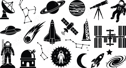 Black and white space exploration icon set featuring astronauts, planets, rockets, satellites, telescope, constellations and galaxy symbols in minimalist vector silhouette illustration collection