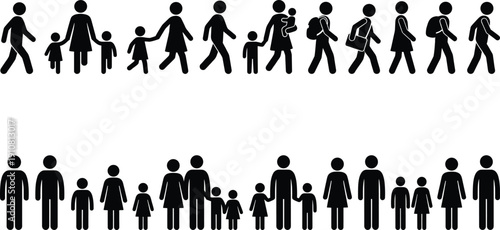 Black silhouette family icon set showing people walking and standing, parents and children figures, diverse human pictogram collection for social, lifestyle and community concepts
