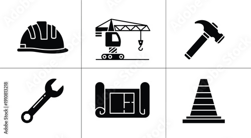 Construction set with hard hat crane hammer wrench pipe and road cone construction, hard hat, crane, hammer, wrench, pipe, road cone, building, tools, equipment, symbols, signs, industrial, engineerin