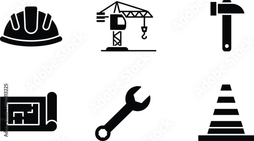 Construction set with hard hat crane hammer blueprint wrench road cone construction, hard hat, crane, hammer, blueprint, wrench, road cone, building, engineering, tools, equipment, symbols, signs, ind