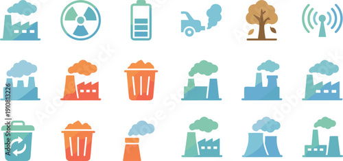 Environmental pollution and energy industry icon set featuring factory emissions, recycling bins, nuclear power, batteries and eco symbols in colorful flat vector illustration