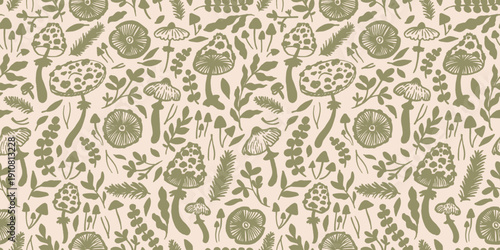 Hand drawn mushrooms seamless vector pattern. Mushroom caps, berries, fir branches, fir needles leaves for printing, fabric, textile, manufacturing, wallpapers. ESP10 banner.