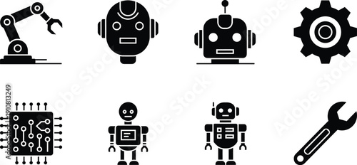 Black and white robot machinery gear wrench microchip robot, machinery, gear, wrench, microchip, black and white, industrial, technology, mechanical, robotic arm, circuit board, tools, automation, eng