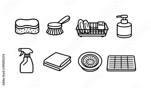 A set of essential household items for maintaining a clean kitchen environment, including a sponge, brush, dish rack, and spray bottle