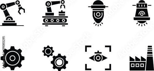 Black and white industrial with robots gears and machinery industrial, black and white, robots, gears, machinery, manufacturing, factory, production, technology, mechanical, robotic arms, cogs, indust