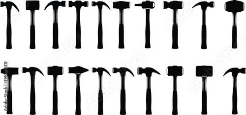 Collection of Black Hammer Silhouettes Isolated on White Background, Carpentry and Construction Hand Tool Set for Repair and DIY Design