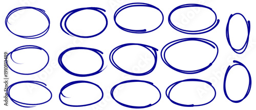 Circle frame set. Blue highlighter circle on white background. Brush highlight text circles deign.