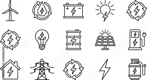 Renewable energy and electricity icon set featuring solar panels, wind turbines, batteries and power symbols in modern outline vector illustration collection