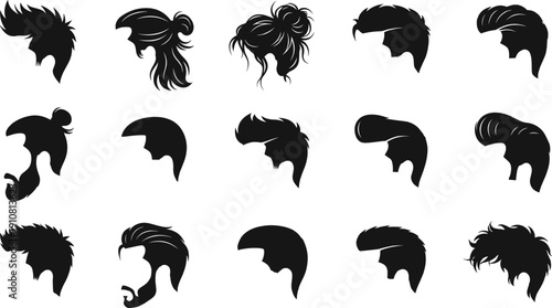 Stylish collection of modern men and women hairstyle silhouettes featuring trendy haircut designs, barber fashion icons and diverse beauty salon vector illustrations