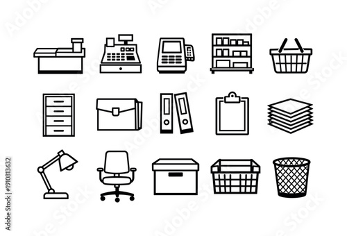 A set of simple line art icons depicting various office and retail items for business and administrative purposes