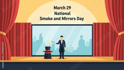 March 29 National Smoke and Mirrors Day Magician Performing Illusion on Stage with Theater Curtains Flat Vector Illustration
