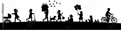 Children playing outdoor silhouette set, kids riding bicycle, scooter, and stroller, childhood activities with balloons and dog vector illustration.