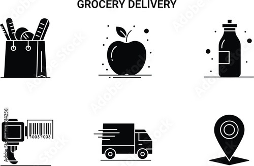 Grocery delivery including shopping bag with bread, apple, milk bottle, scanner with barcode grocery delivery, shopping bag, bread, apple, milk bottle, scanner, barcode, delivery truck, location pin, 