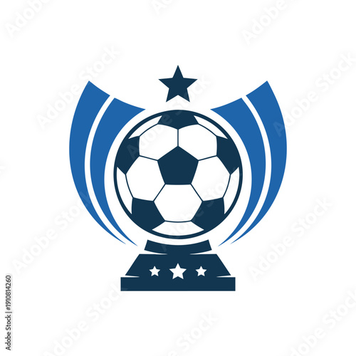 Soccer championship trophy logo with football ball and gold award icon for sports tournament league or team emblem, isolated vector illustration.