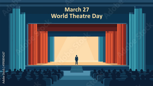 March 27 World Theatre Day Grand Stage with Red Curtains and Audience in Auditorium Flat Vector Illustration