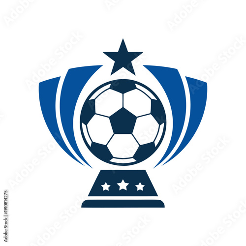 Soccer Football Championship Trophy Logo Vector Illustration, Blue and Navy Sports Tournament Emblem with Ball, Stars, and Wings Isolated on White Background

