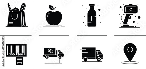 Black and white of food delivery and logistics shopping bag food delivery, logistics, black and white, shopping bag, apple, bottle, webcam, barcode, delivery truck, location pin, transportation, food,