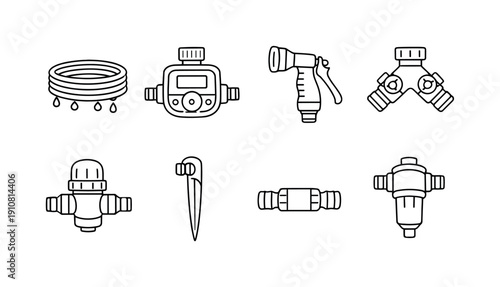 This set of simple line drawings showcases various tools and components essential for efficient garden irrigation systems