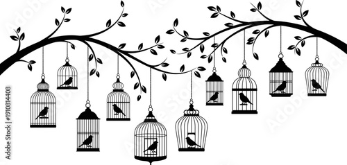 Decorative bird cage silhouette hanging from tree branches with leaves, vintage garden wall art, birds in cages vector illustration design.