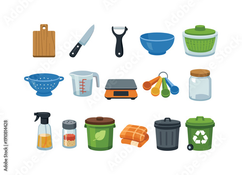A diverse assortment of cooking tools, measuring devices, and waste receptacles arranged on a white background